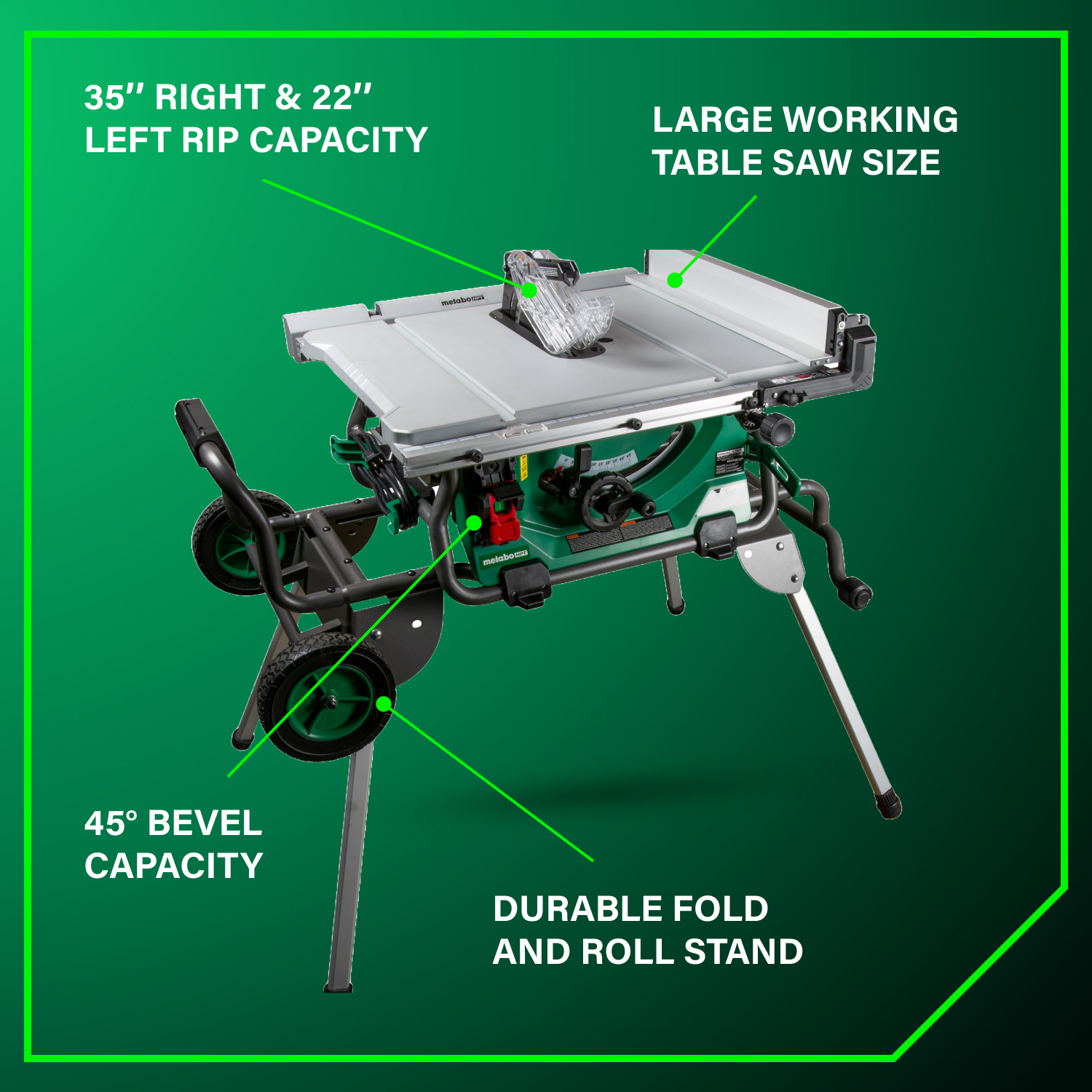10 Inch Table Saw with Fold and Roll Stand | Metabo HPT C10RJS