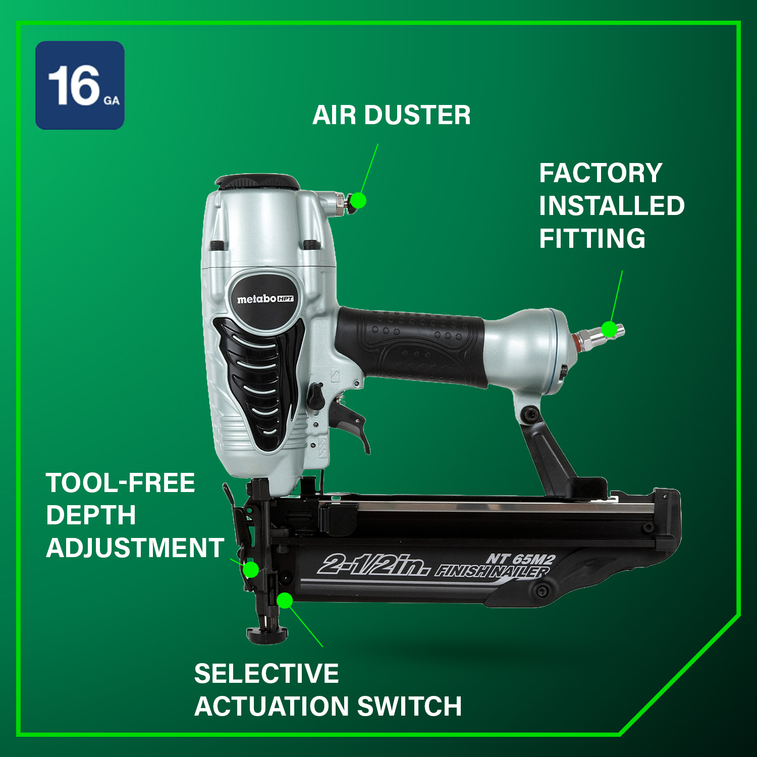 2-1/2 Inch 16 Gauge Finish Nailer with Air Duster | Metabo HPT NT65M2S