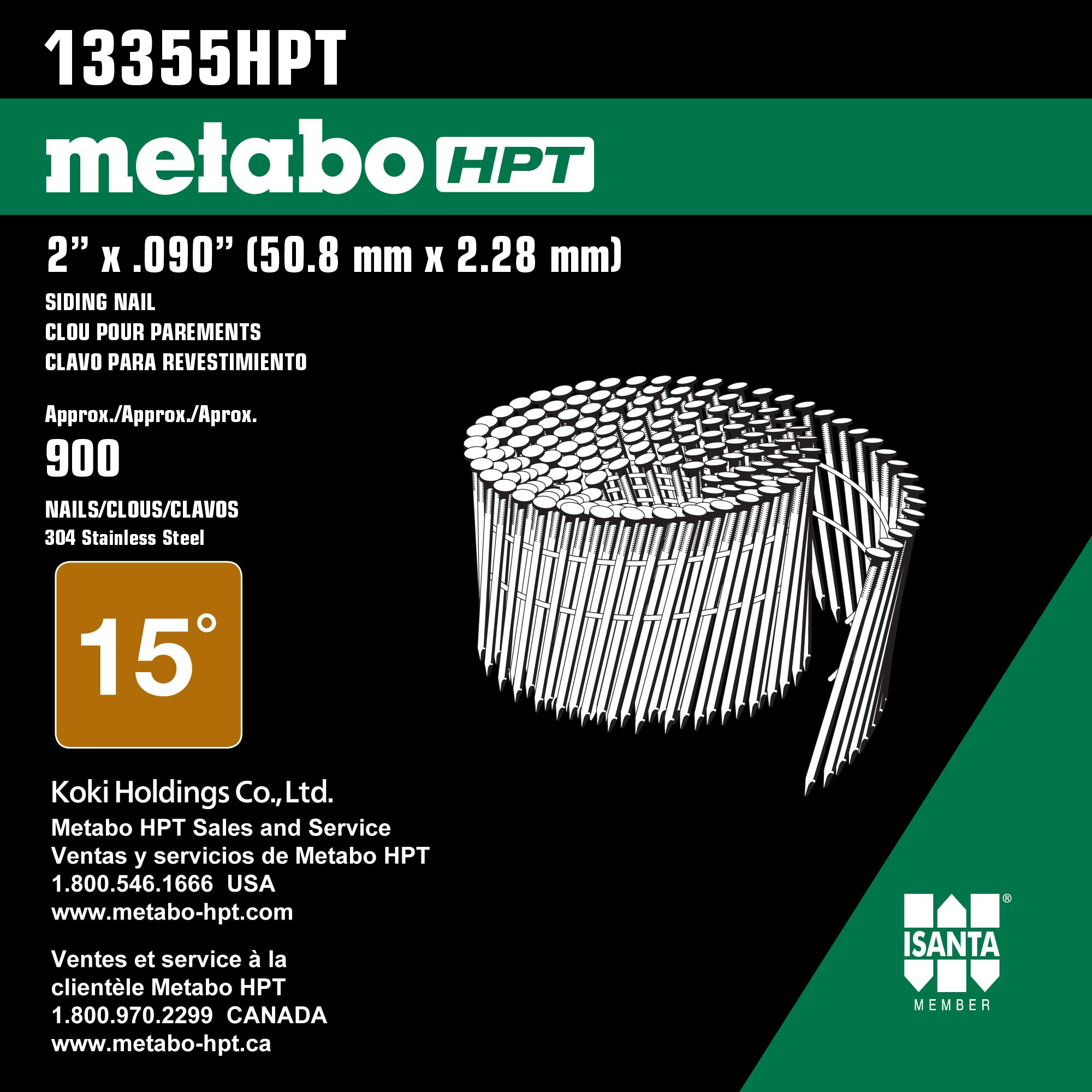 Metabo HPT 2" X .090 Ring Shank Siding Nails - 304 Stainless Steel, 900 Count Coil For NV65AH2
