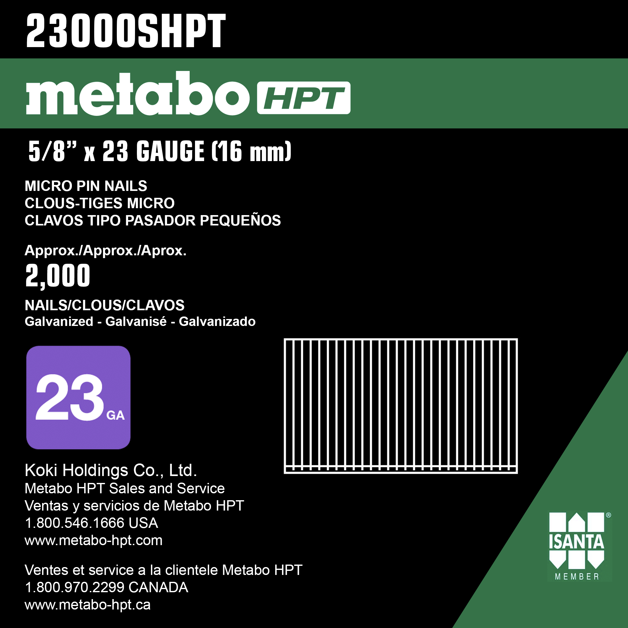 5/8 Inch 23 Gauge Galvanized Headless Pins | Metabo HPT 23000SHPT